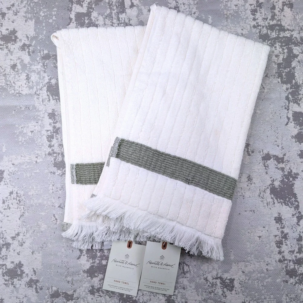 Hearth & Hand with Magnolia Set of 2 Hand Towels Cream‎ Olive Green Stripe NWT